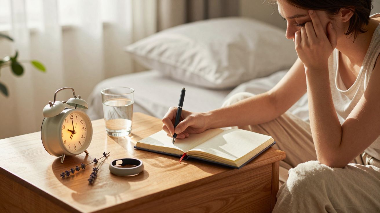 Pessoa escreve num caderno numa mesa de cabeceira com despertador, copo de água e lavanda ao nascer do sol.