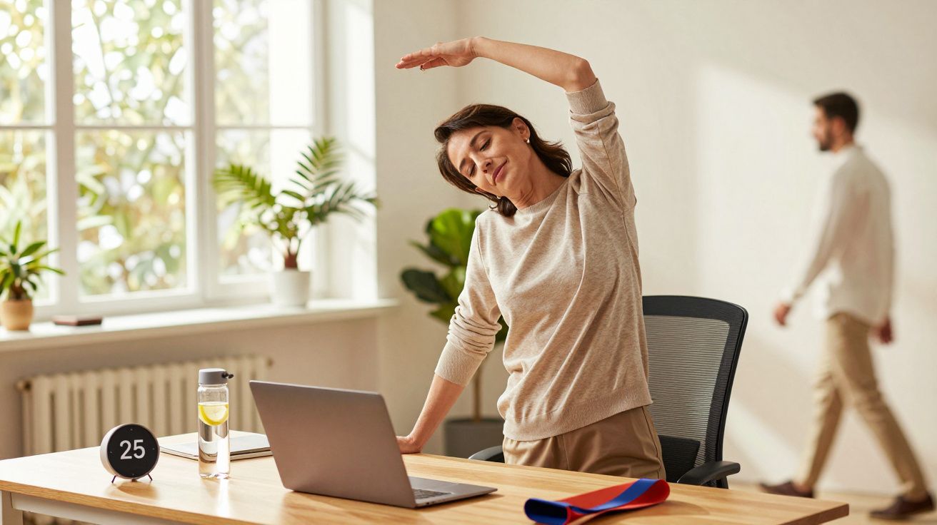 Mulher alongando-se junto a uma mesa de escritório com portátil, copo de água e relógio; homem ao fundo.