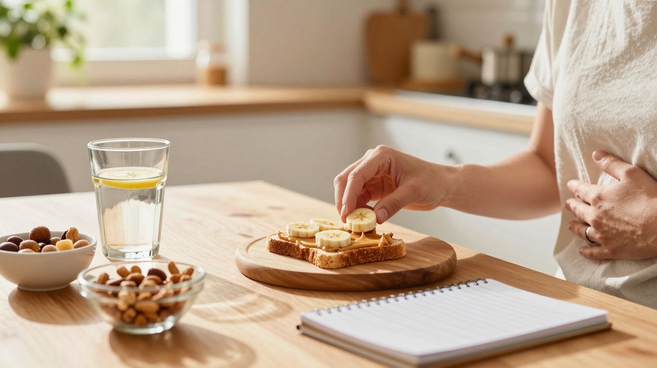 Pessoa prepara torrada com banana e está sentada à mesa com água, frutos secos e um caderno.
