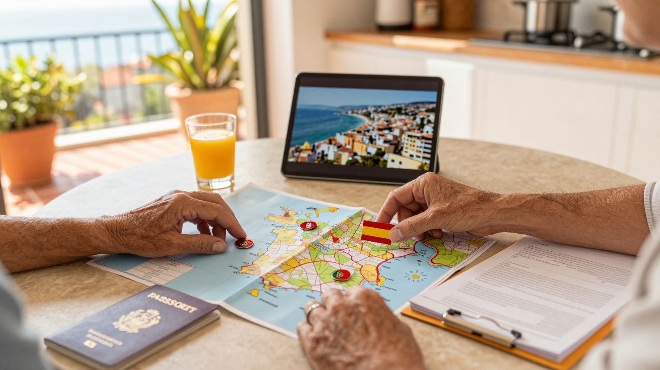 Duas pessoas planeiam viagem com mapa e tablet numa mesa; passaporte e copo de sumo ao lado.