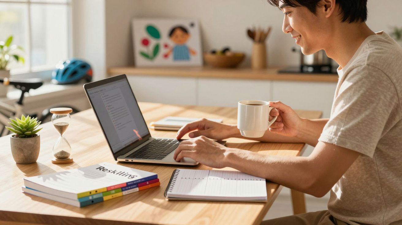 Homem a trabalhar no portátil numa mesa, segurando uma caneca. Livros e caderno ao lado, com plantas e moldura ao fundo.