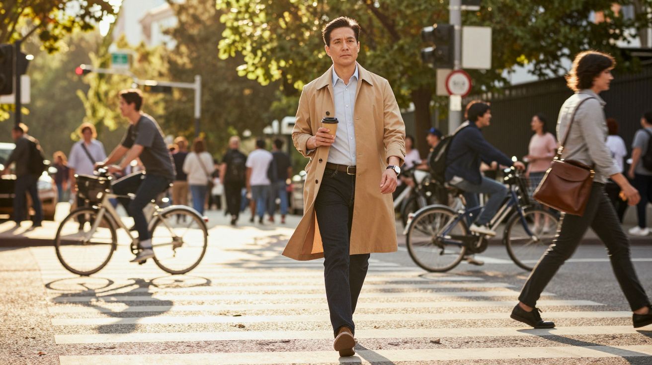 Homem com casaco bege atravessa passadeira movimentada segurando café. Pessoas e ciclistas ao fundo.
