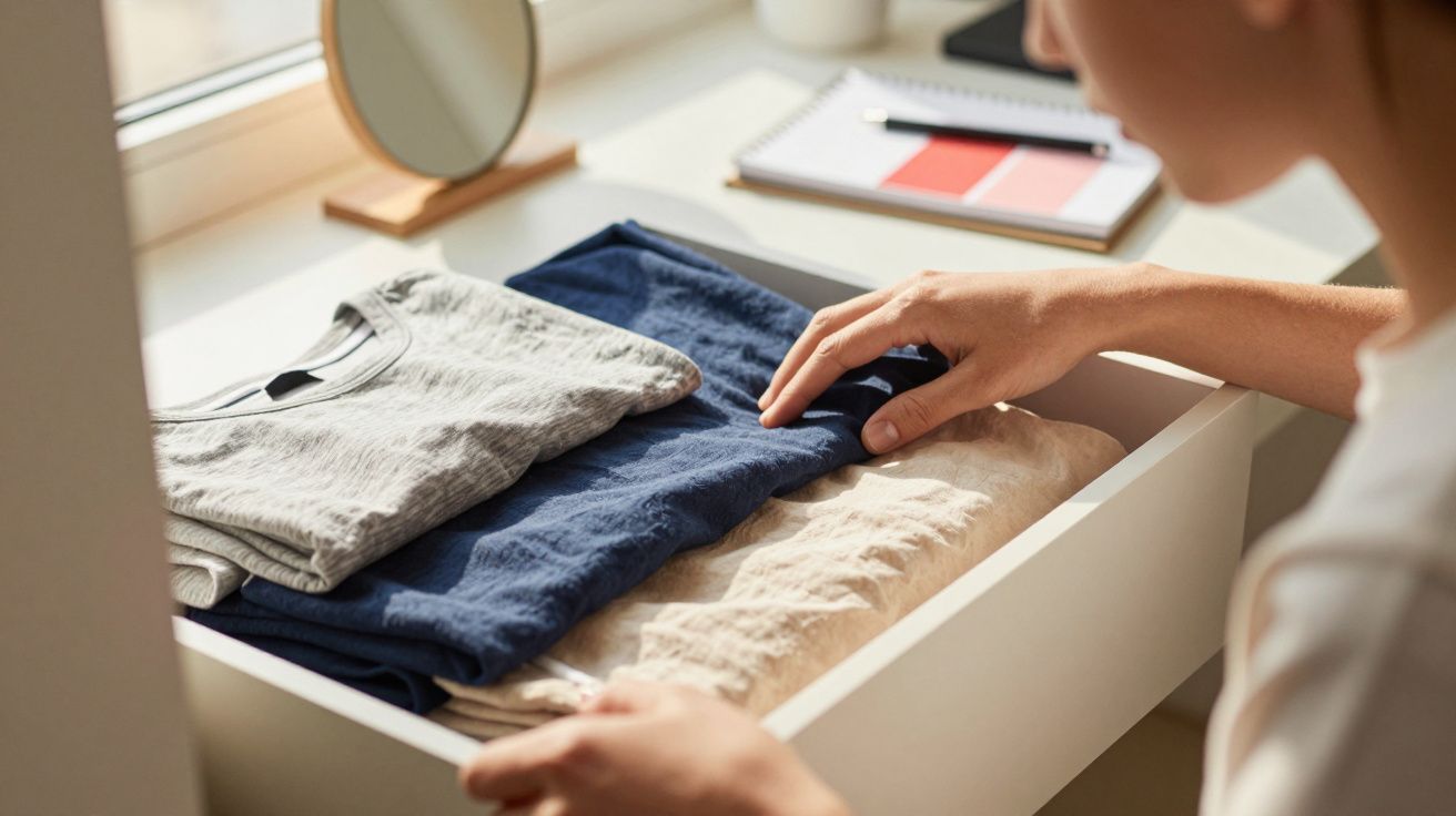 Pessoa a organizar roupas dobradas numa gaveta branca, com luz natural a entrar pela janela ao lado.