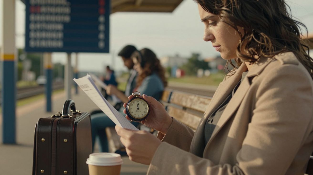 Mulher numa estação de comboios, sentada num banco, segurando um cronómetro e um papel, com mala e café ao lado.