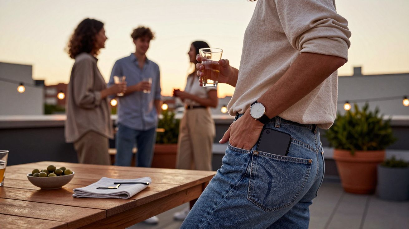 Pessoa com relógio segura copo, telemóvel no bolso, fundo com grupo de amigos em terraço ao pôr do sol.