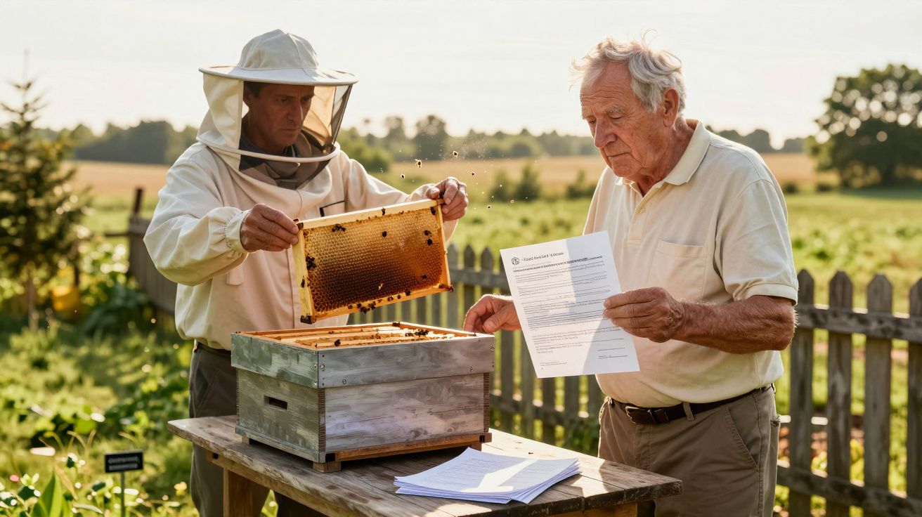 Dois homens inspecionam uma colmeia; um segura um favo e outro analisa documentos num jardim ensolarado.