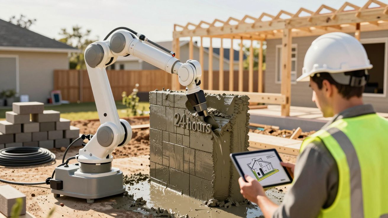 Robô construindo parede de cimento, enquanto engenheiro, com tablet, supervisiona; obra em fundo residencial.