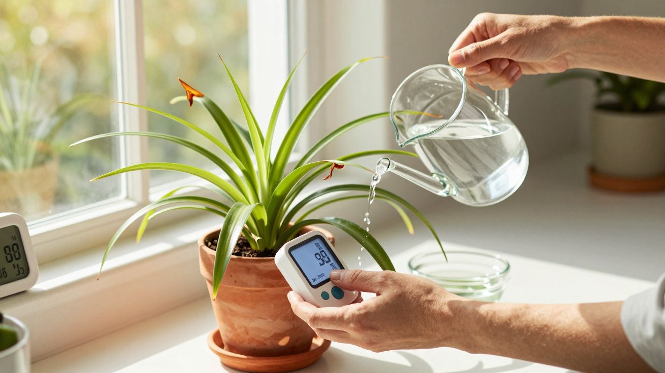 Mãos regam planta com jarro de água na janela, segurando um medidor de umidade.