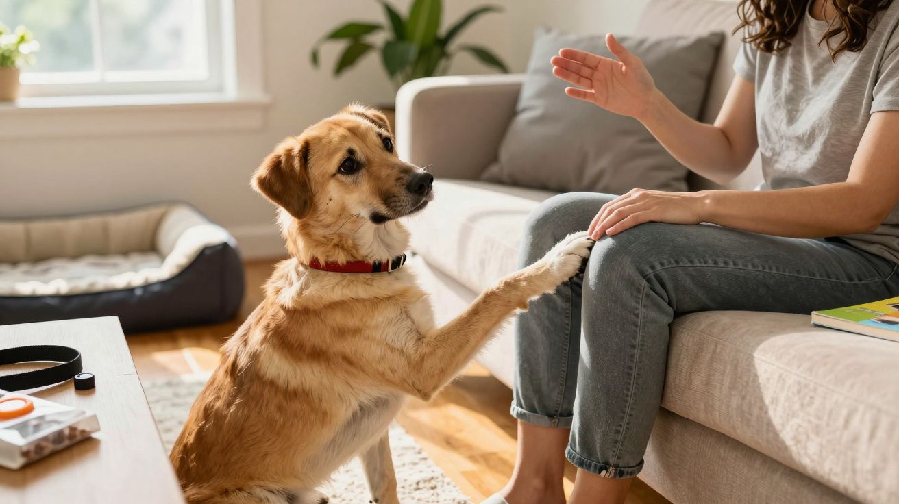 Cão sentado no chão, tocando a perna de uma pessoa sentada no sofá, numa sala iluminada.