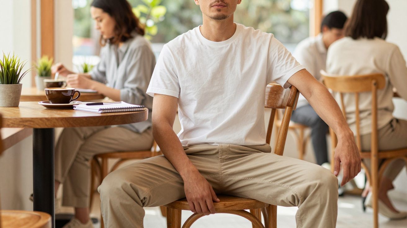 Homem jovem em camisa branca sentado numa cadeira de madeira numa cafetaria, com pessoas a conversar ao fundo.