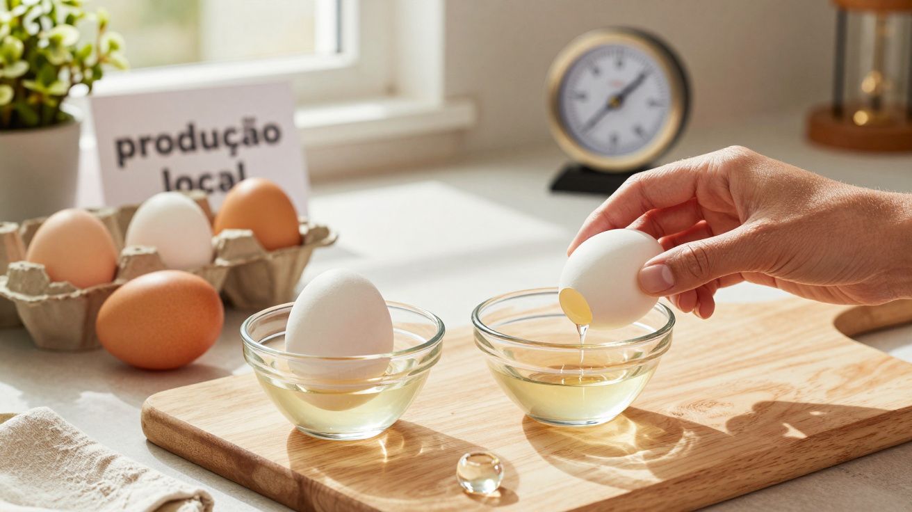 Mão quebrando ovo em tigela numa cozinha, com ovos numa caixa e um relógio ao fundo. Sinal: "produção local".
