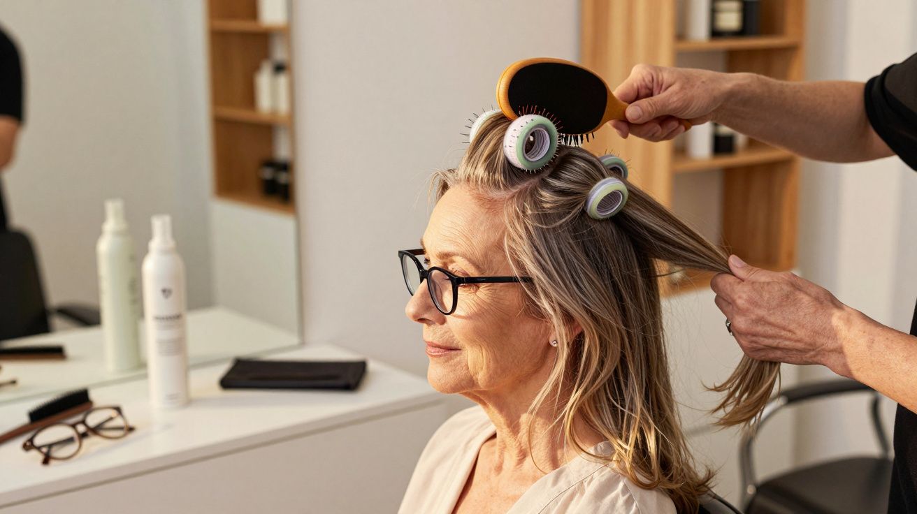 Mulher de óculos no cabeleireiro com rolos de cabelo e escova.