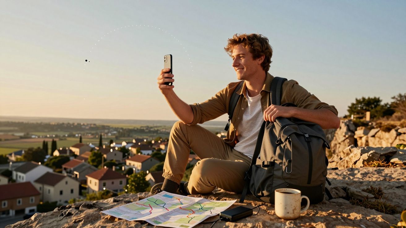 Homem sorridente tira selfie, sentado numa rocha com mochila, mapa e chávena, casas ao fundo, ao pôr do sol.