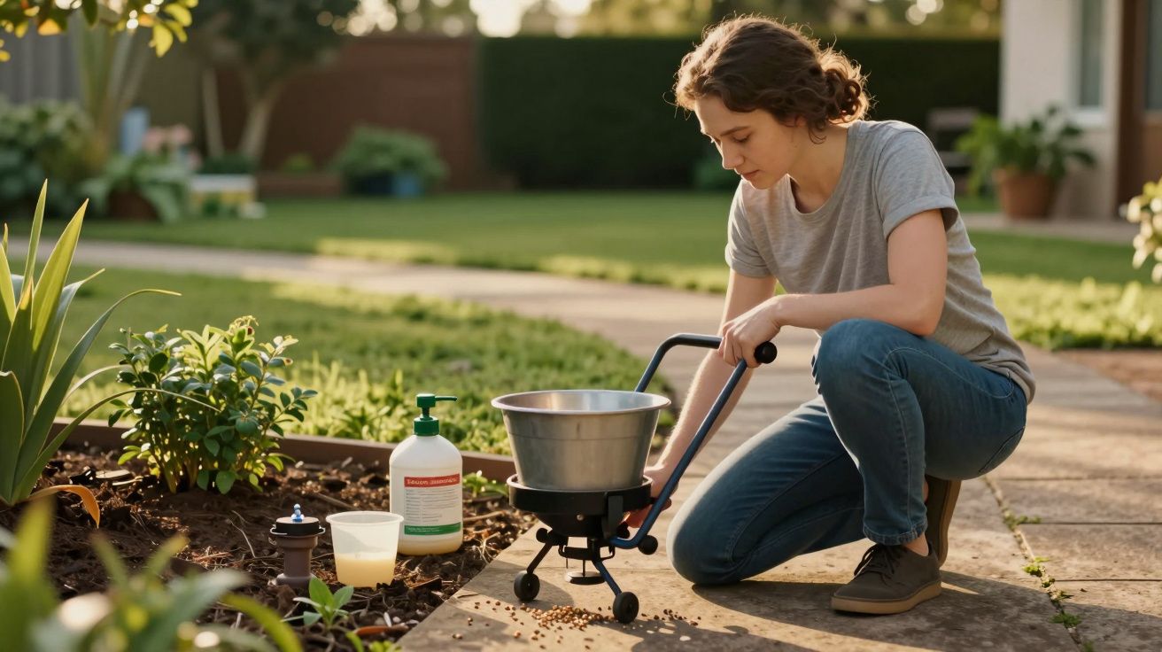 Mulher jardinando, usando um espalhador de sementes num canteiro, com produtos ao lado.