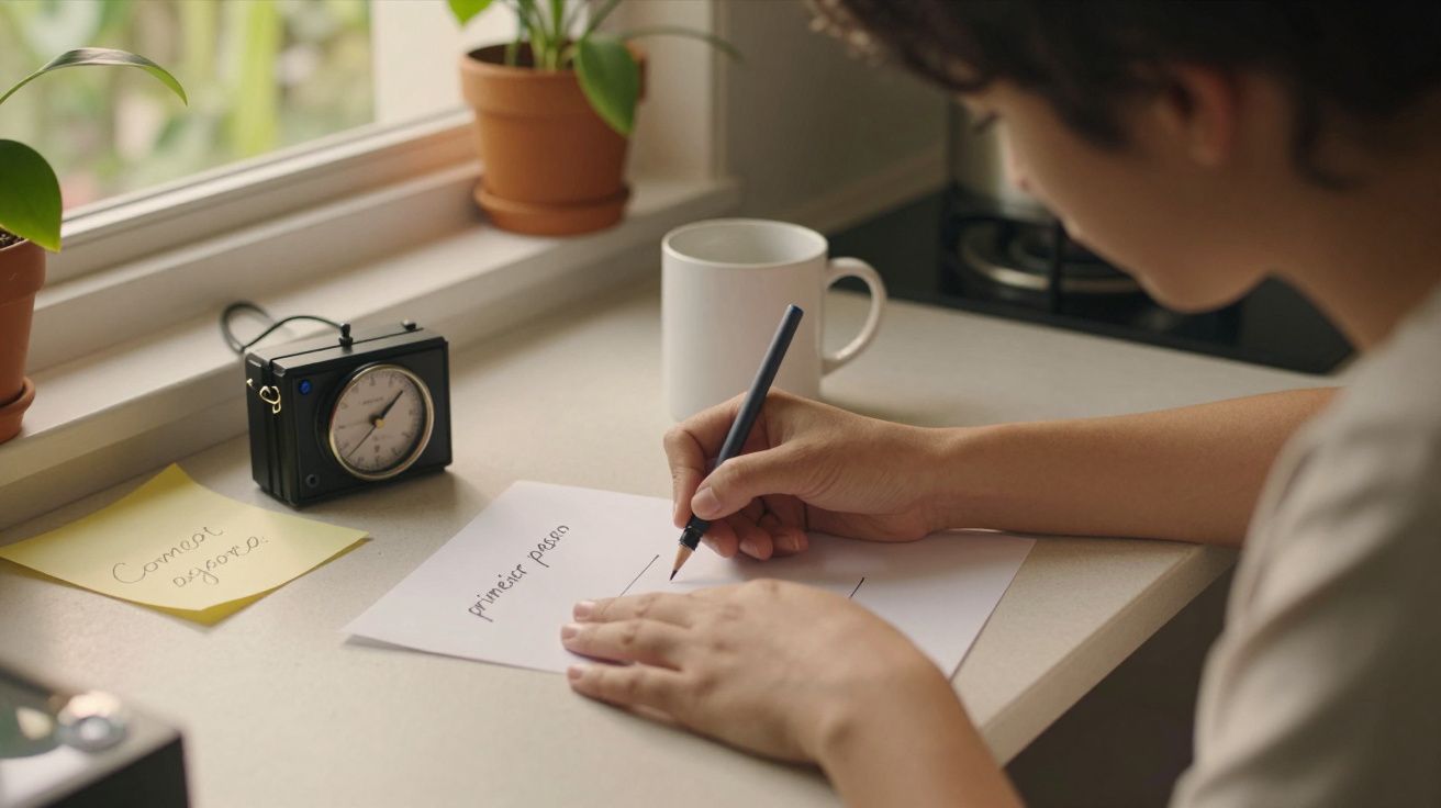 Pessoa escreve numa folha, ao lado de um relógio, caneca e plantas numa secretária branca.