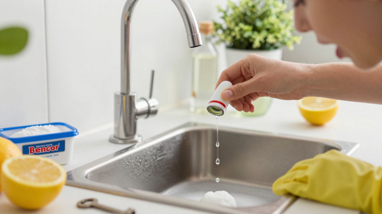 Pessoa limpa lava-loiça com bicarbonato e limão. Gotas de líquido escorrem de uma tampa sobre o bicarbonato.