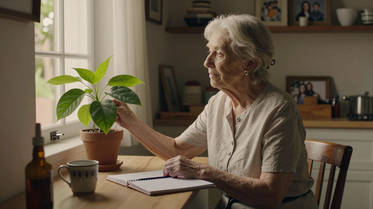 Idosa sentada à mesa observando planta junto à janela.
