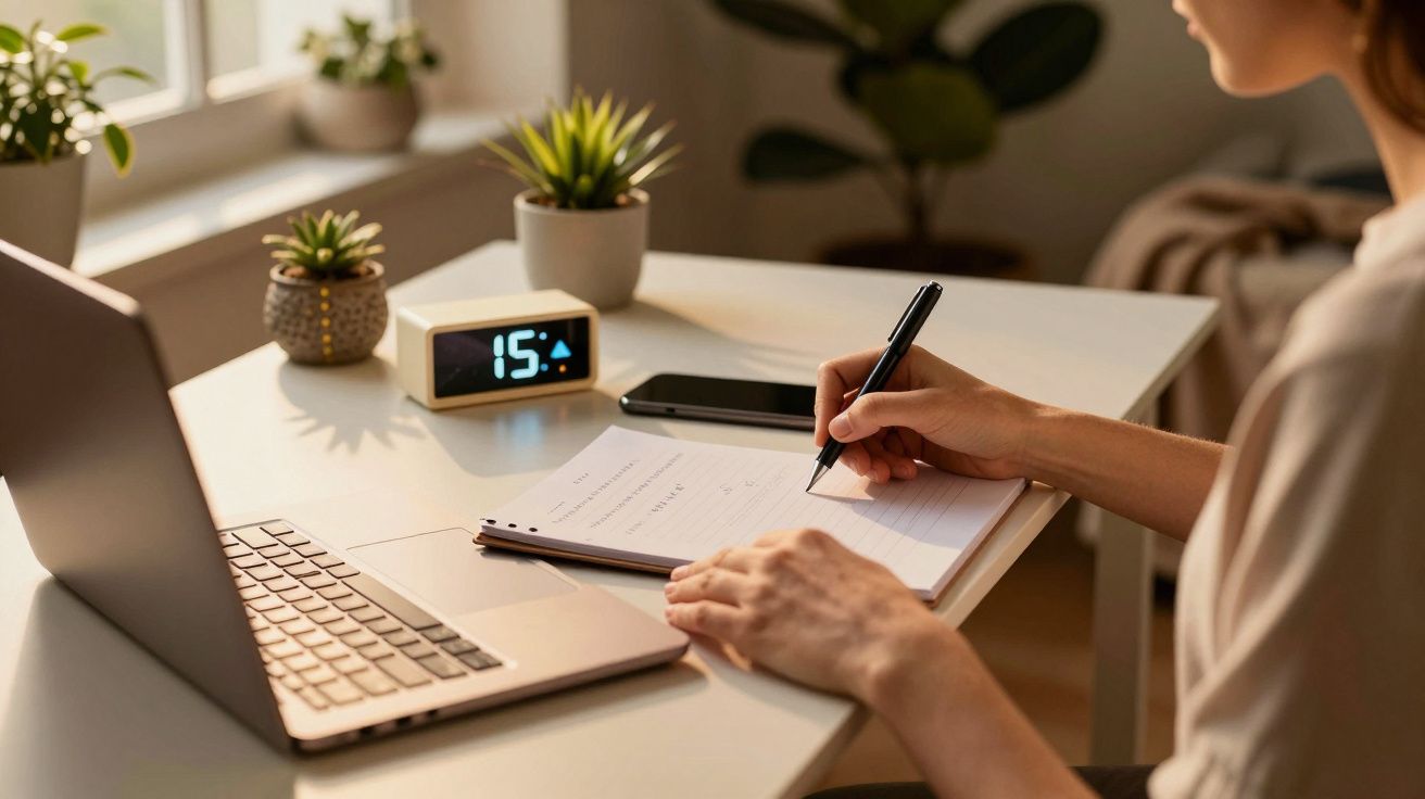 Pessoa a escrever num caderno, com um portátil e um relógio digital na mesa. Plantas e luz natural ao fundo.