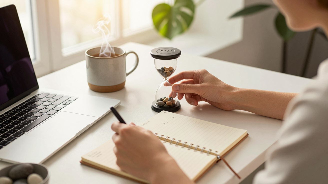 Pessoa escreve num caderno, ao lado de laptop, ampulheta e chávena de café fumegante sobre a mesa branca.