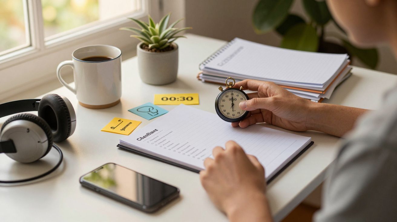 Pessoa segurando um cronómetro sobre uma mesa com caderno, auscultadores, copo de café e smartphone.