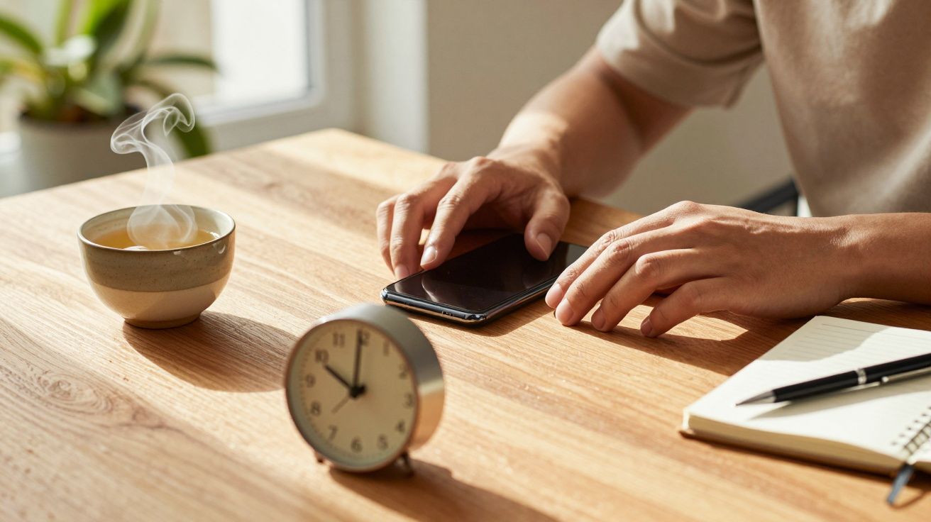 Mãos tocam num telemóvel em cima de uma mesa com chávena de café, relógio e caderno ao lado.
