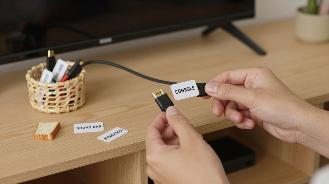 Mãos segurando cabo HDMI etiquetado como "CONSOLE" em frente a uma televisão; etiquetas e cabos ao lado.