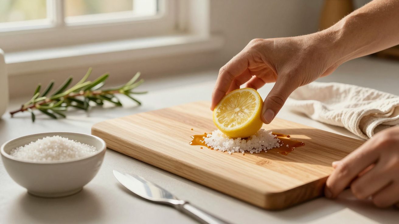 Mão espreme limão sobre sal e molho num tabuleiro de madeira, com alecrim e sal numa tigela próxima.