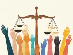 balanca de justica com pessoas diversas