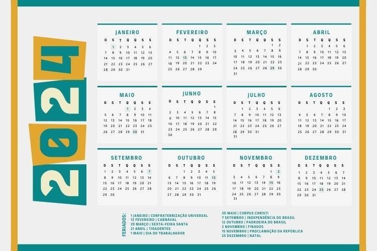 calendario com feriado e trabalho reduzido