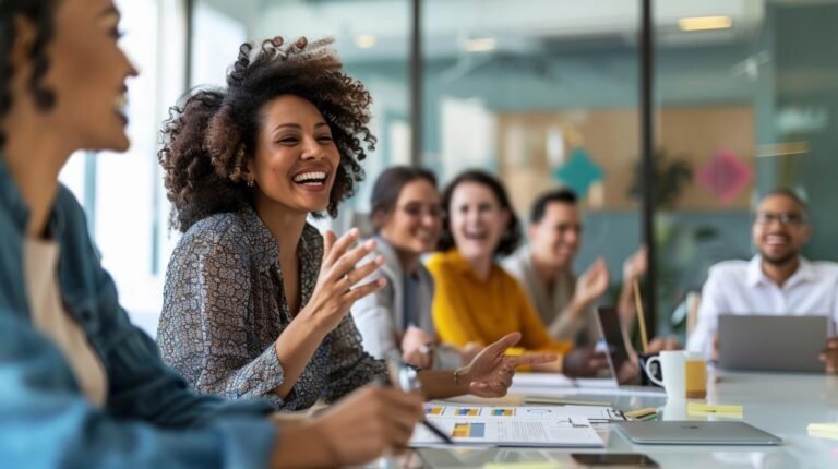 pessoas felizes colaborando em um ambiente de trabalho