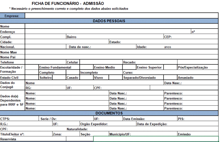 registro de admissao em um escritorio