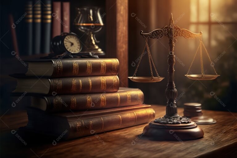 sala de tribunal vazia com balanca da justica